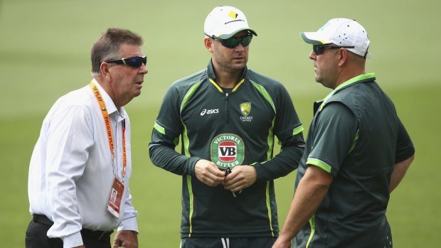Brains trust: Selector Rod Marsh, captain Michael Clarke and coach Darren Lehmann talk tactics at Adelaide Oval on Monday.