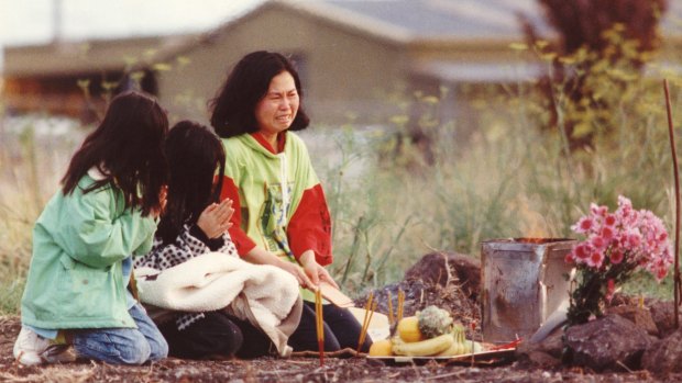 In May 1992, Karmein Chan's mother and her sisters perform a service at the spot where the child's body was discovered in Thomastown.