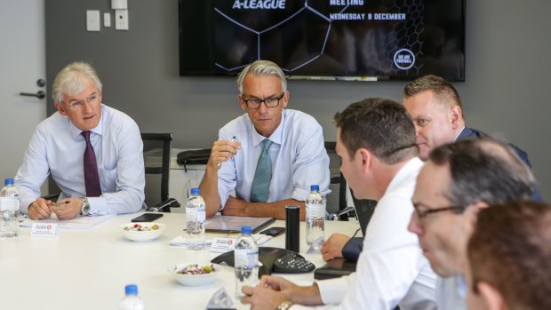 Negotiations: FFA chairman Steven Lowy (left) with CEO David Gallop at the monthly FFA meeting with the chairmen of all A-League clubs on Wednesday. 