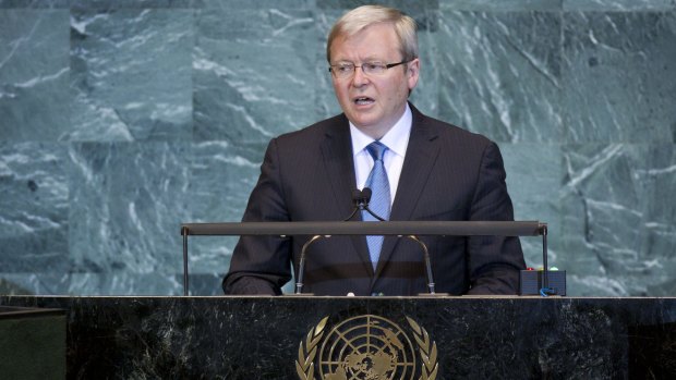 Former prime minister Kevin Rudd addresses the United Nations, while PM, in 2009.