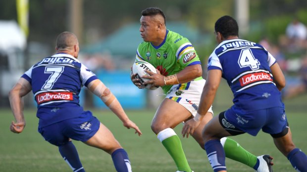 Josh Papalii takes on the Bulldogs defence. Photo: NRL Imagery