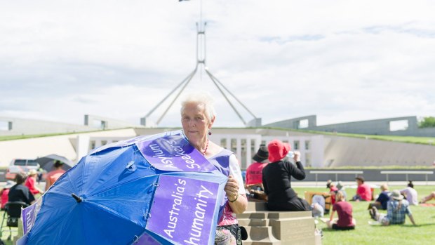 Jane Keogh at the Rally for asylum seekers at Parliament House.