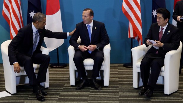 PM Tony Abbott with US President Barack Obama and Japanese PM Shinzo Abe during a tri-lateral meeting at the G20 in Brisbane.