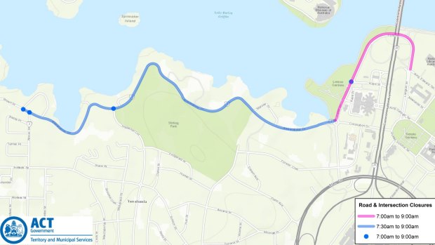 A map of road closures during the YMCA of Canberra half marathon on Sunday.