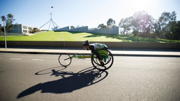 The wheelchair event in the Canberra Times fun run on Sunday.