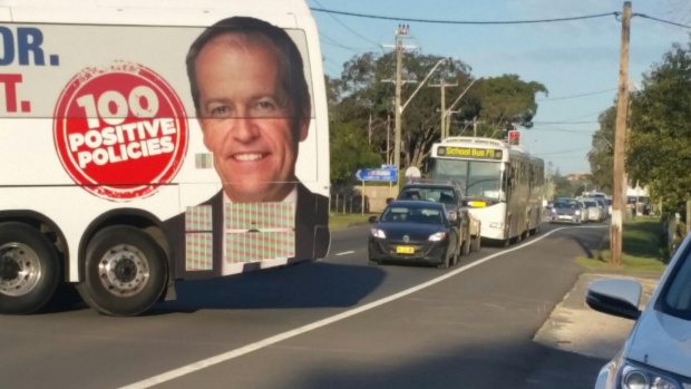 The bus, which is stopping at marginal electorates, blocked traffic.