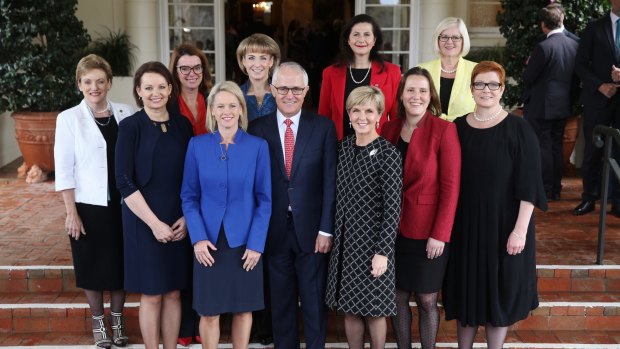 Prime Minister Malcolm Turnbull with female members of the ministry after the swearing in ceremony at Government House in July.