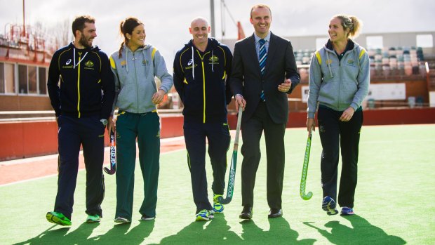 Andrew Charter, Anna Flanagan, Glenn Turner, ACT Chief Minister Andrew Barr and Edwina Bone at the 2015 announcement of the now cancelled Canberra international hockey fixtures.