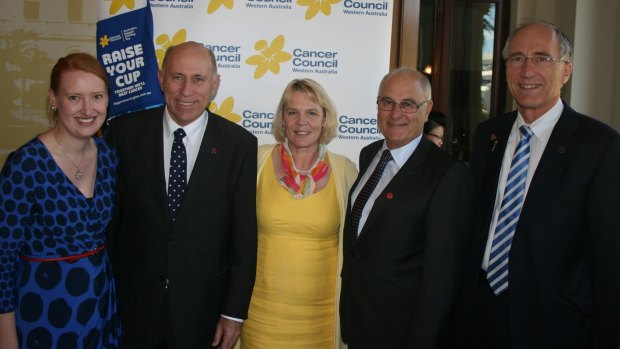 Politicians were all smiles at a Cancer Council morning tea on budget day.