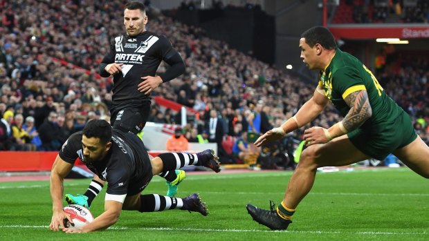 Jordan Kahu crosses the line to find a little joy for New Zealand in a game dominated by Australia.