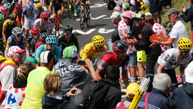 Richie Porte climbing the Grand Colombier with the yellow jersey group prior to his crash on Sunday.