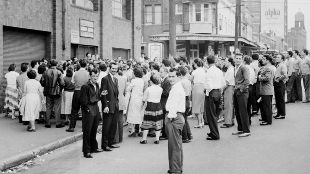 Crowds look for work at the IXL factory in Newtown in 1958.