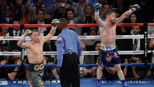 No win situation: Canelo Alvarez, right, and Gennady Golovkin celebrate following the last round.