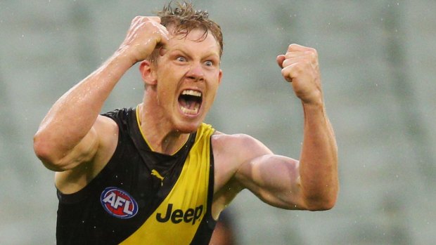Jack Riewoldt celebrates the goal that sealed the match.