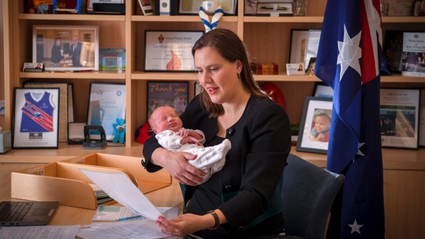 Liberal frontbencher Kelly O'Dwyer with her newborn last week.