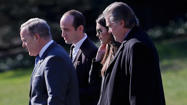 (From left) White House press secretary Sean Spicer, senior adviser Stephen Miller, adviser Hope Hicks and chief White House strategist Steve Bannon on Friday.