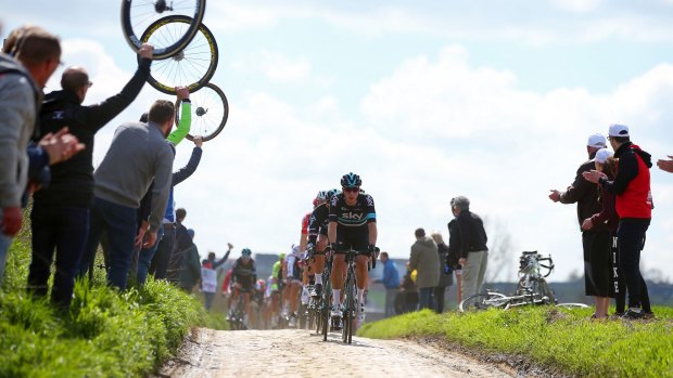 Dutch rider Danny van Poppel of Team Sky leads across the cobbles at Compiegne.