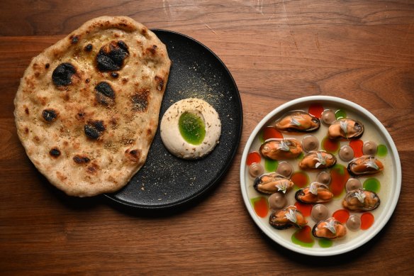 Go-to dishes: Pickled mussels with a side of flatbread.