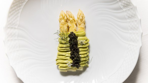 Go-to dish: White asparagus with oyster and caviar.