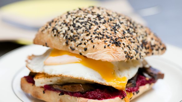 Two Chaps cafe Marrickville: fried egg, mushroom, haloumi, and beetroot relish. 