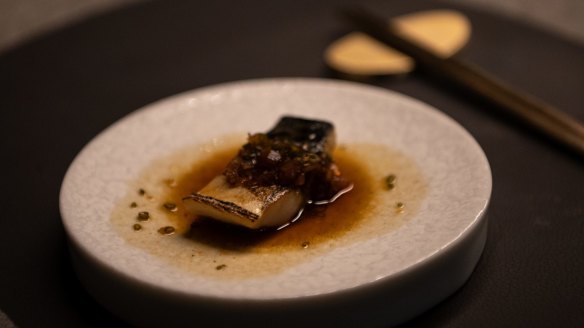Blue mackerel with brown butter, pickled ginger and garlic chive.