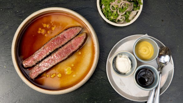 Go-to-dish: Barbecue wagyu flank steak with condiments.