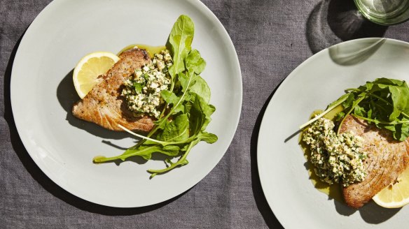 Tuna steaks with gribiche developed for Danielle Alvarez's cookbook, Always Add Lemon.