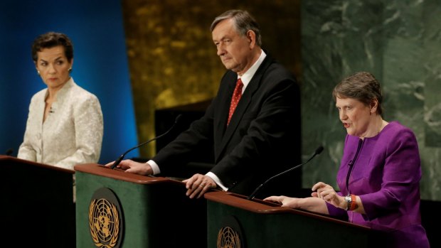 Former New Zealand prime minister Helen Clark, right, speaks during a debate between candidates vying to be the next UN Secretary General At left are Former United Nations climate chief Christiana Figueres and former Slovenian President Danilo Turk. 