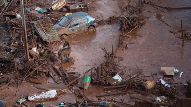 The small town of Bento Rodrigues, Minas Gerais, Brazil after the Samarco dam disaster.