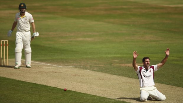 Ben Sanderson appeals for the wicket of Adam Voges during day three of the tour match between Northamptonshire and Australia at the County Ground.