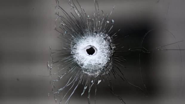 A bullet hole adjacent to the La Belle Equipe cafe in Paris following the attacks on November 13.