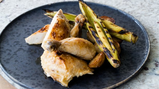 Go-to dish: Roast chicken with chicken fat potatoes and corn.
