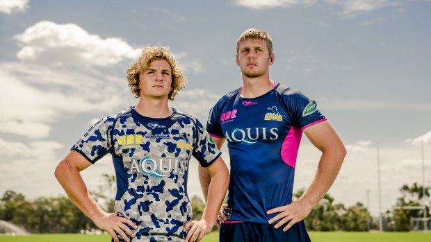 Brumbies players Joe Powell, left, and Tom Staniforth in variations of this year's jersey.