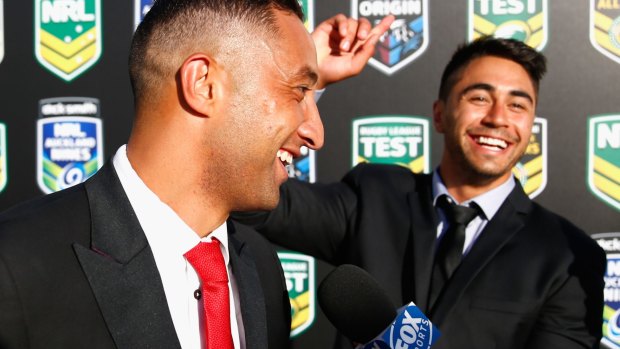Kiwi stars: Benji Marshall and Shaun Johnson share a joke before the 2015 NRL season launch in Auckland. The choice of venue is seen as a sign of the NRL's commitment to the game in New Zealand.
