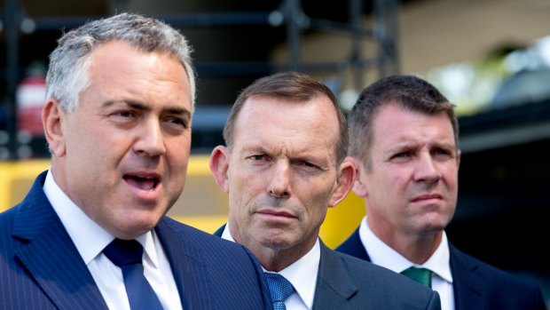 Treasurer Joe Hockey, Prime Minister Tony Abbott and NSW Premier Mike Baird. 