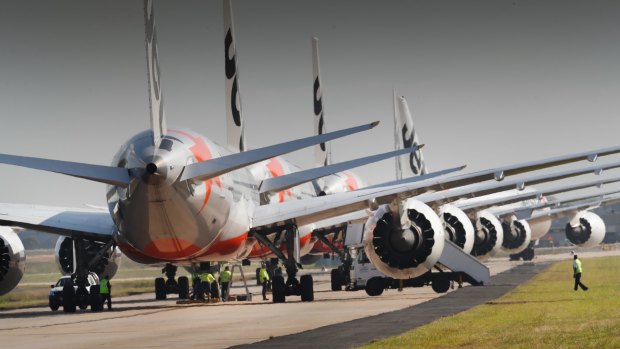 Grounded Jetstar planes parked at Avalon Airport.