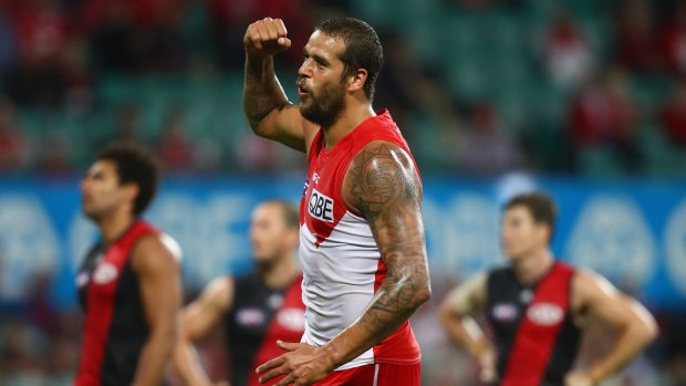 Pumped: Lance Franklin celebrates a goal for the Swans in the game against Richmond at the MCG on Saturday night. 