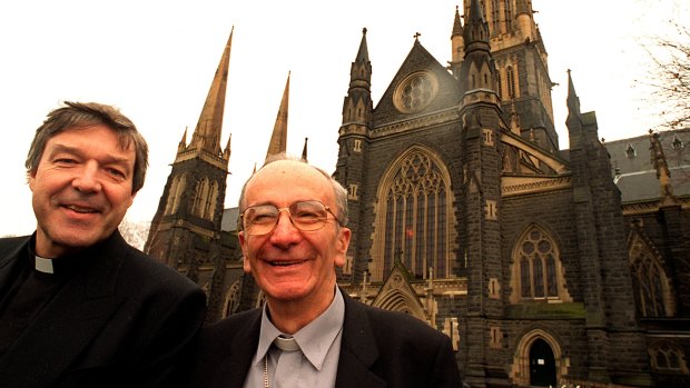 George Pell is pictured in 1996, shortly after his appointment as Archbishop of Melbourne, with his retiring predecessor Frank Little (right). 