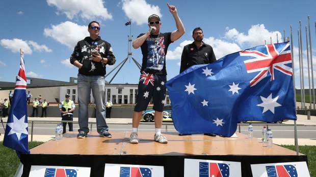 Speakers at a Reclaim Australia rally in Canberra on November 22. 