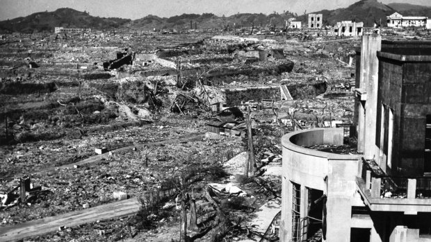 A totally destroyed Nagasaki in 1945.