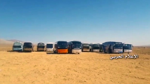 Buses gathering before a planned evacuation of Islamic State group militants, in the mountainous region of Qalamoun, Syria.