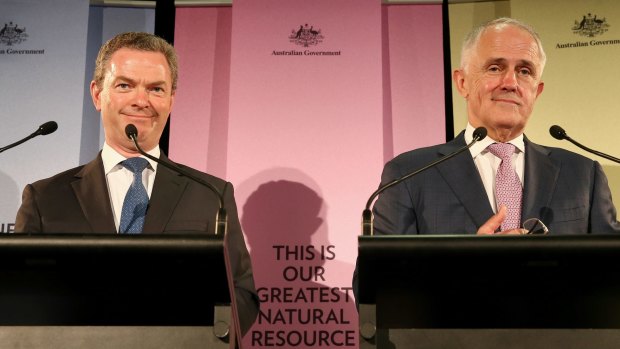 Minister for Industry, Innovation and Science Christopher Pyne and Prime Minister Malcolm Turnbull address the media after the announcement of the National Innovation and Science Agenda at the CSIRO Discovery Centre in Canberra.
