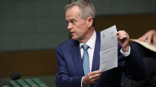 Opposition Leader Bill Shorten tables the renunciation documents.