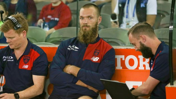 Not happy: Melbourne ruckman Max Gawn will miss up to 12 weeks after hamstring surgery. 