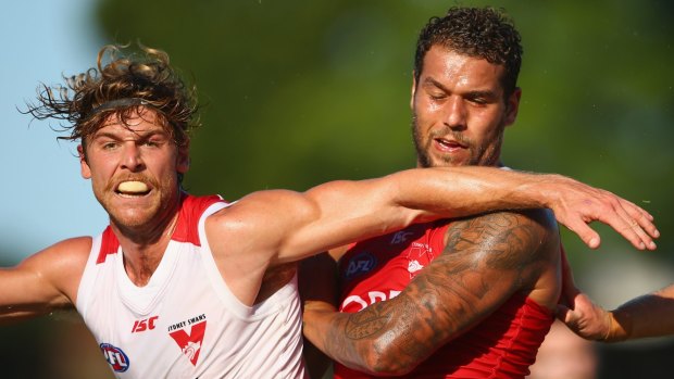 New leader:  Dane Rampe and Lance Franklin during a training session.