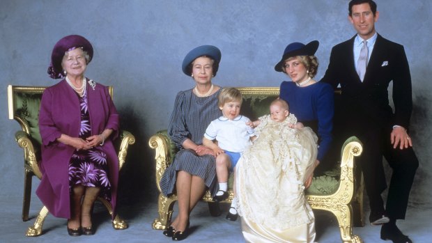 The late Queen Mother, Queen Elizabeth II, Prince William, Prince Harry and the Prince and Princess of Wales after the christening ceremony of Prince Harry in London in 1984.