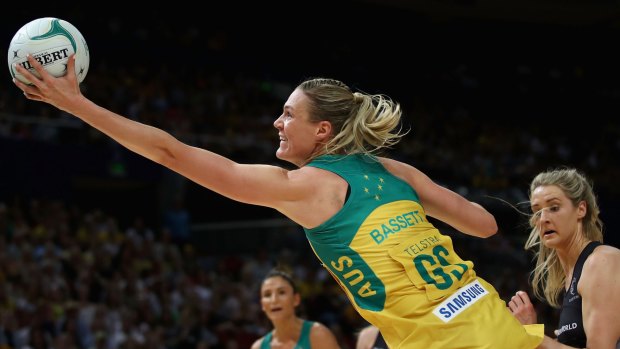 Unstoppable: Australia's Caitlin Bassett shot a perfect 47 from 47 against the Silver Ferns.