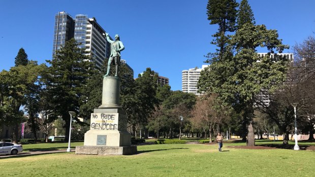 A number of statues in Hyde Park, Sydney, have been defaced by protesters.