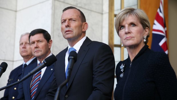 Chief of the Defence Force Air Chief Marshal Mark Binskin, Defence Minister Kevin Andrews, Prime Minister Tony Abbott and Foreign Affairs Minister Julie Bishop announce Australian forces will begin targeting Islamic State in Syria.
