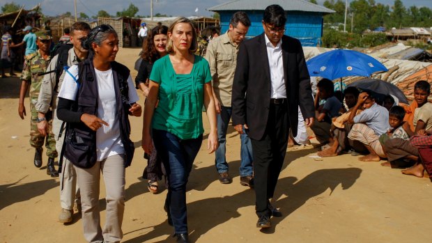 European Union foreign policy chief, Federica Mogherini, in green, visits the Kutupalong Rohingya refugee camp in Cox's Bazaar in November.